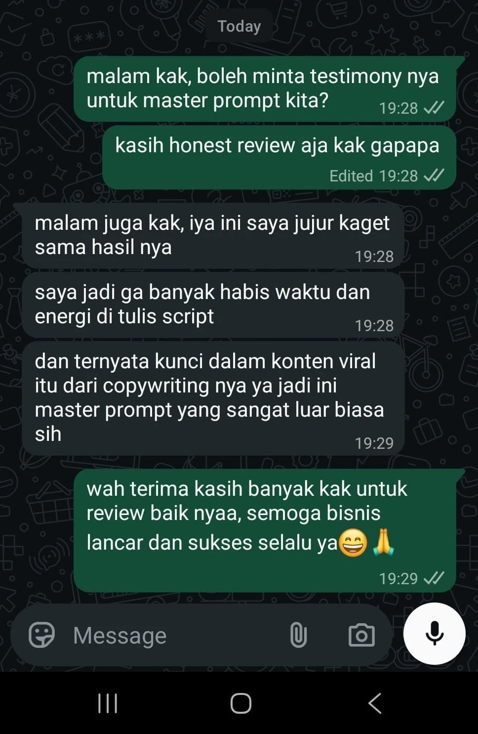 Chat WhatsApp pembeli: tidak banyak habis waktu menulis script