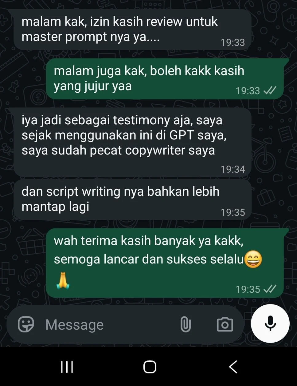 Chat WhatsApp pembeli: sudah tidak pakai copywriter